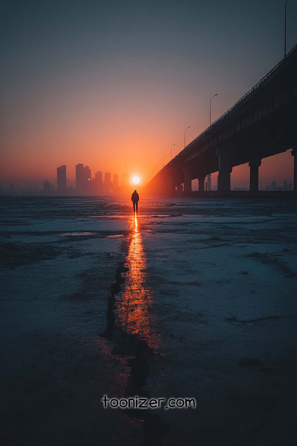 Person walking towards sunset on icy path
