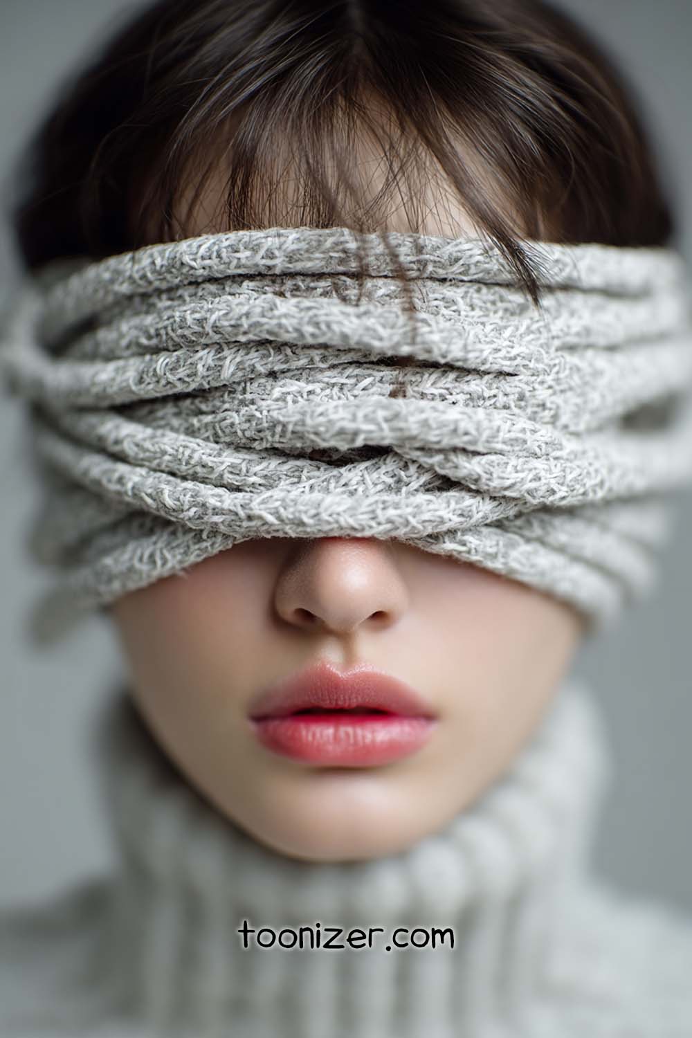 Woman with eyes covered by knit scarf