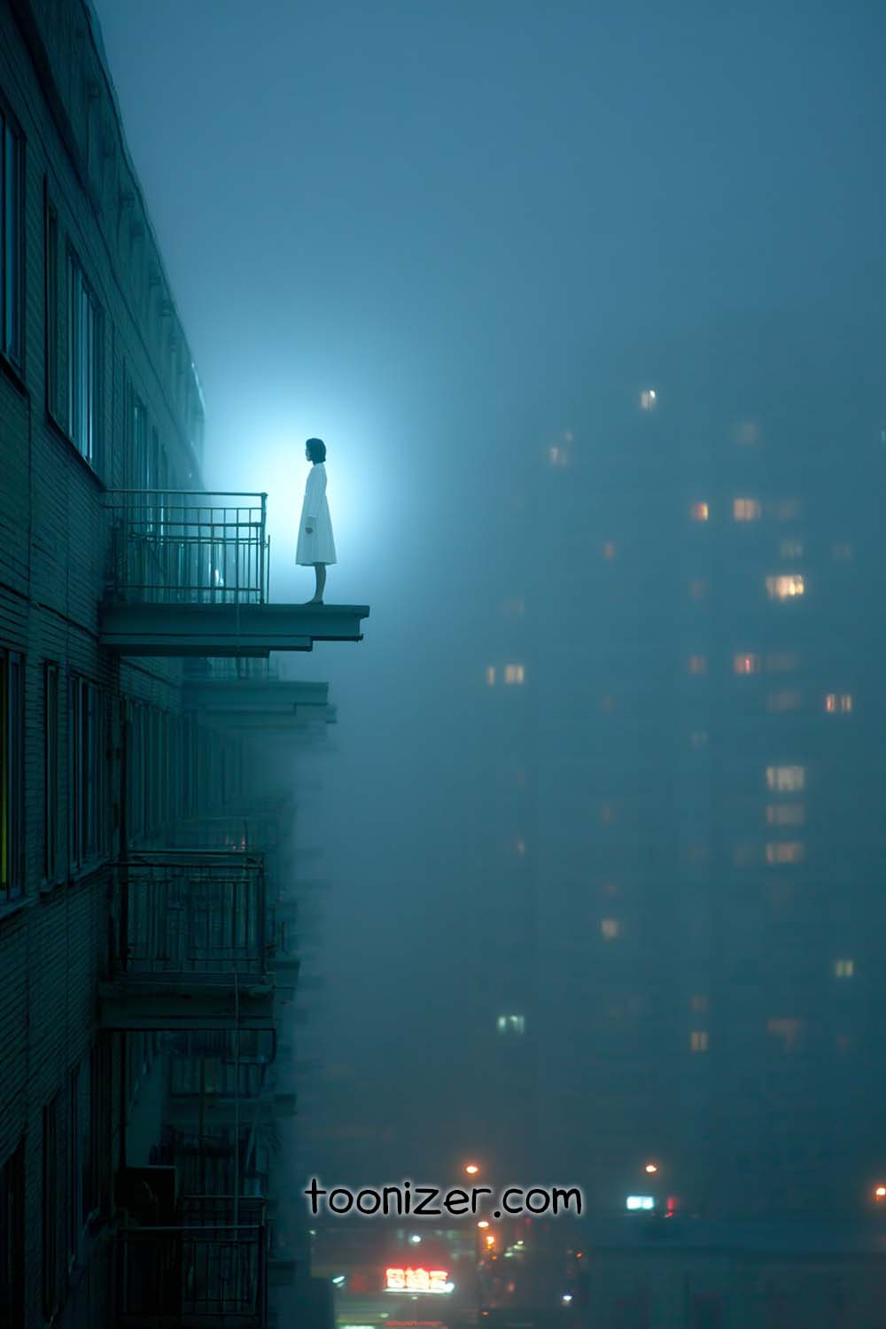 Silhouette on balcony in foggy night cityscape.