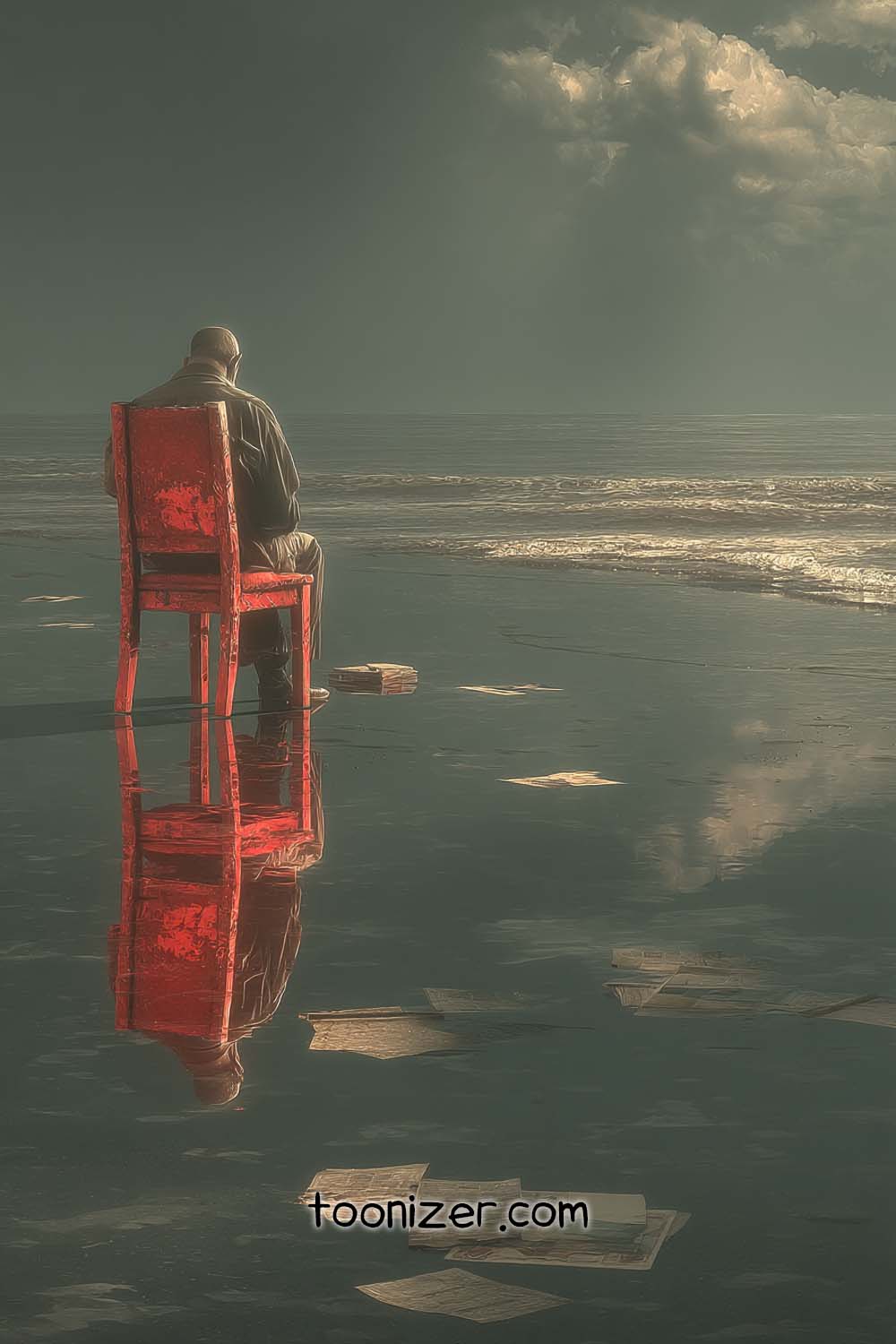 Person on red chair by the ocean.
