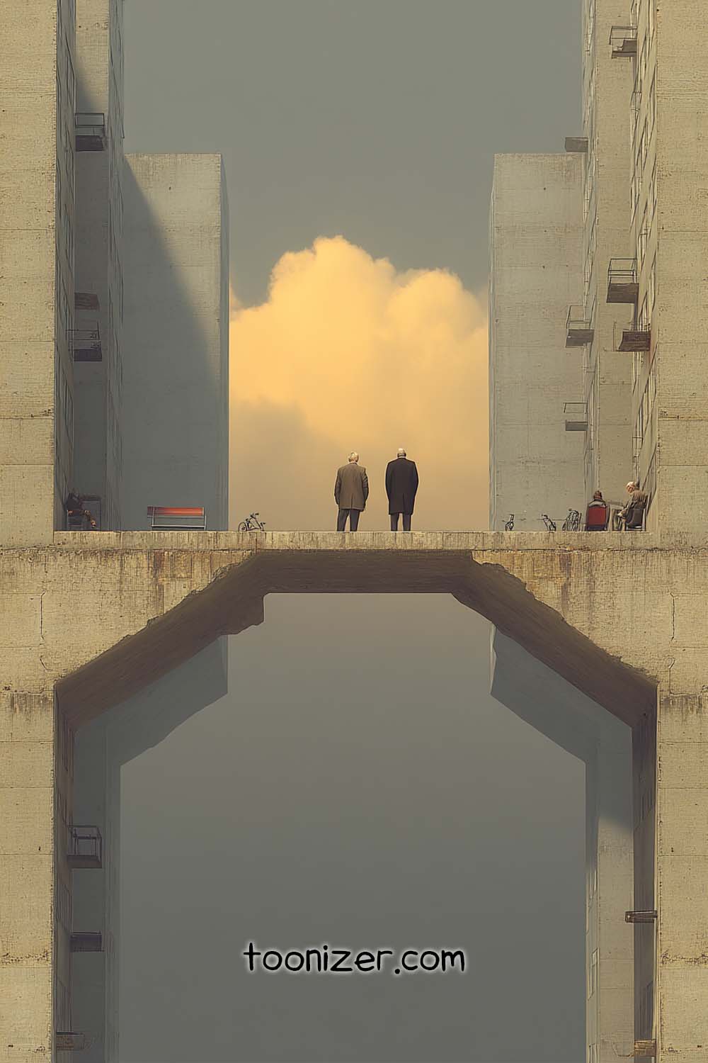 Two men standing on a concrete structure.