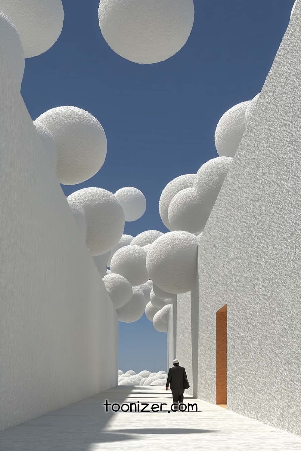 Man walking through surreal, cloud-like passageway.