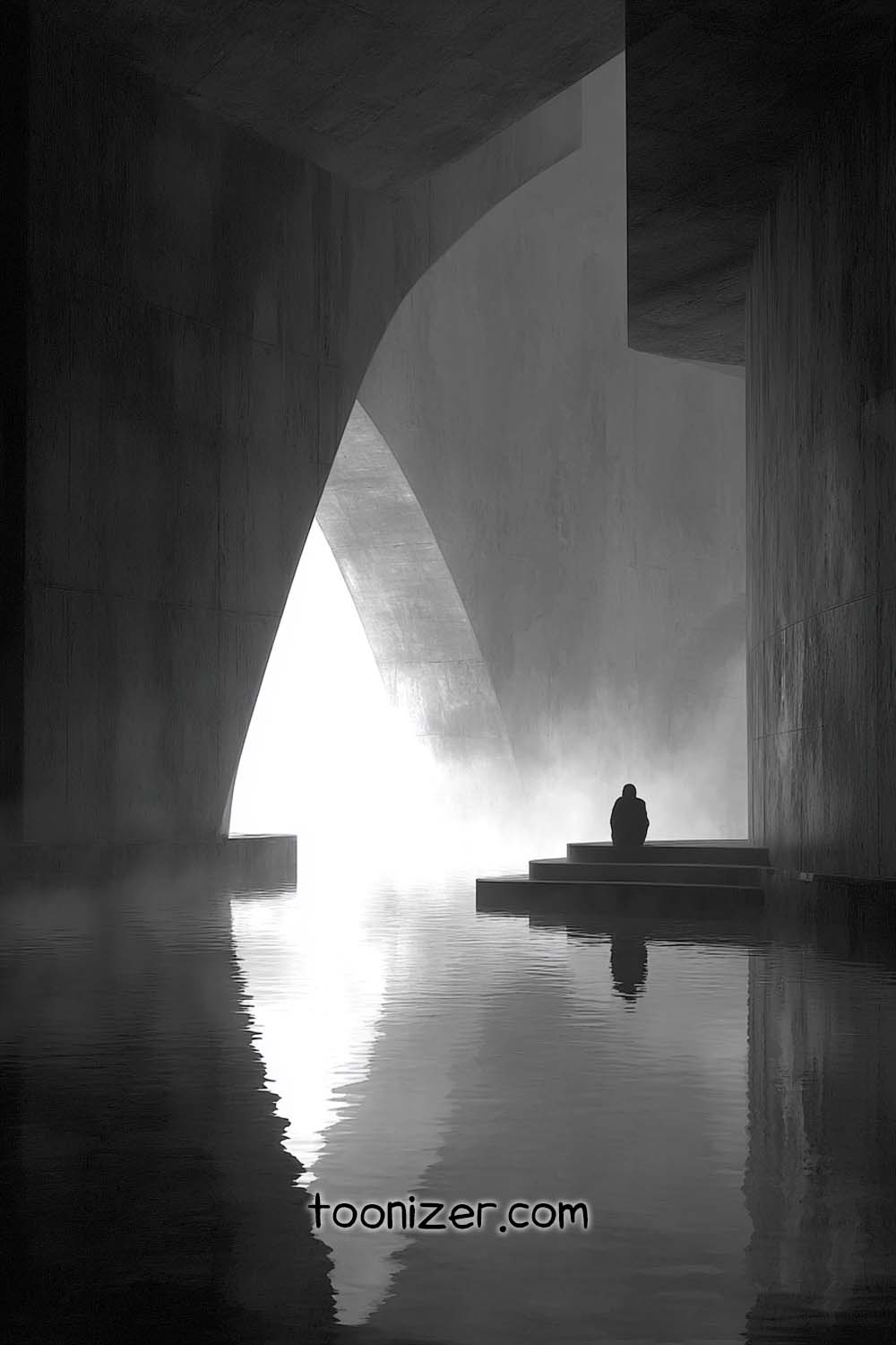 Silhouette by water in misty architectural setting.