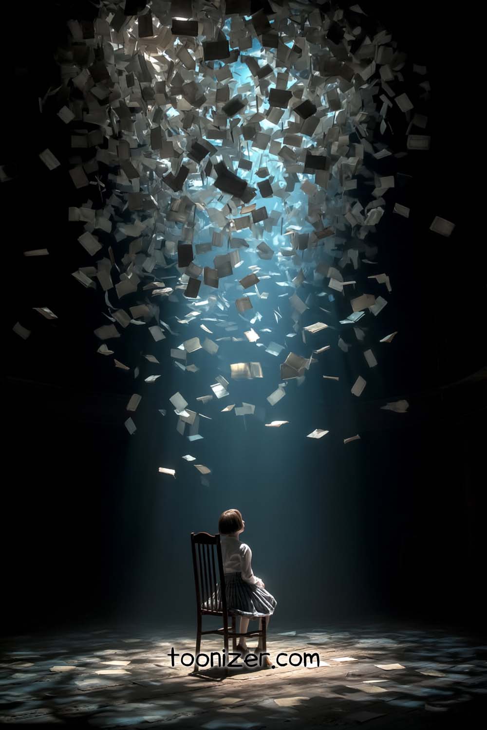 Child on chair surrounded by floating papers.