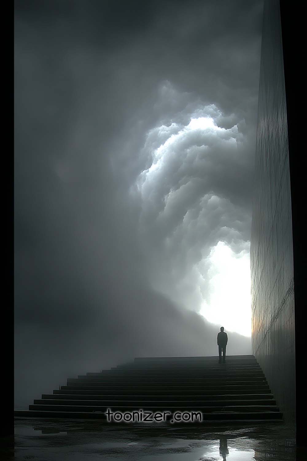 Silhouette of person on stairs under swirling clouds.