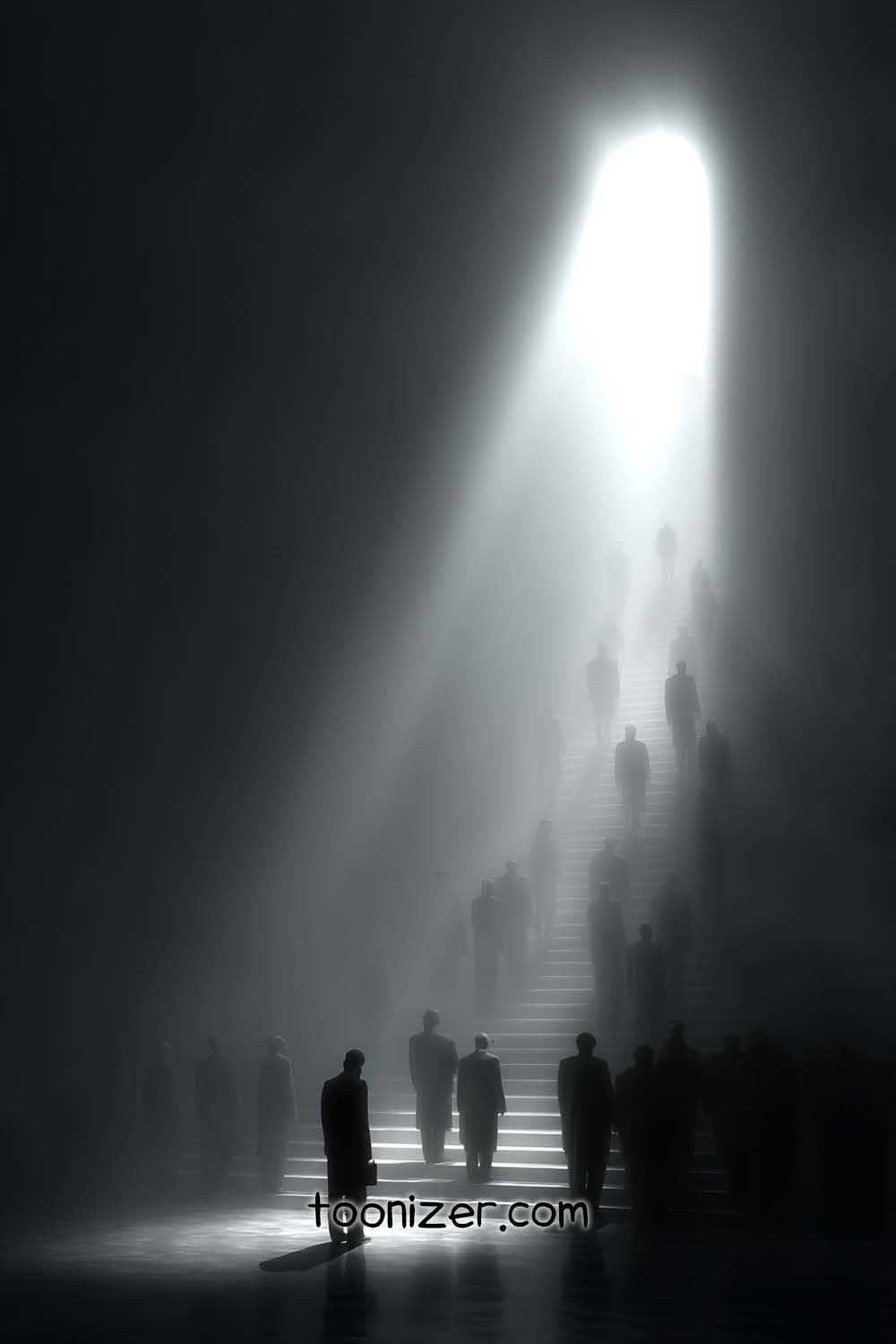 Silhouettes ascending stairs into bright light