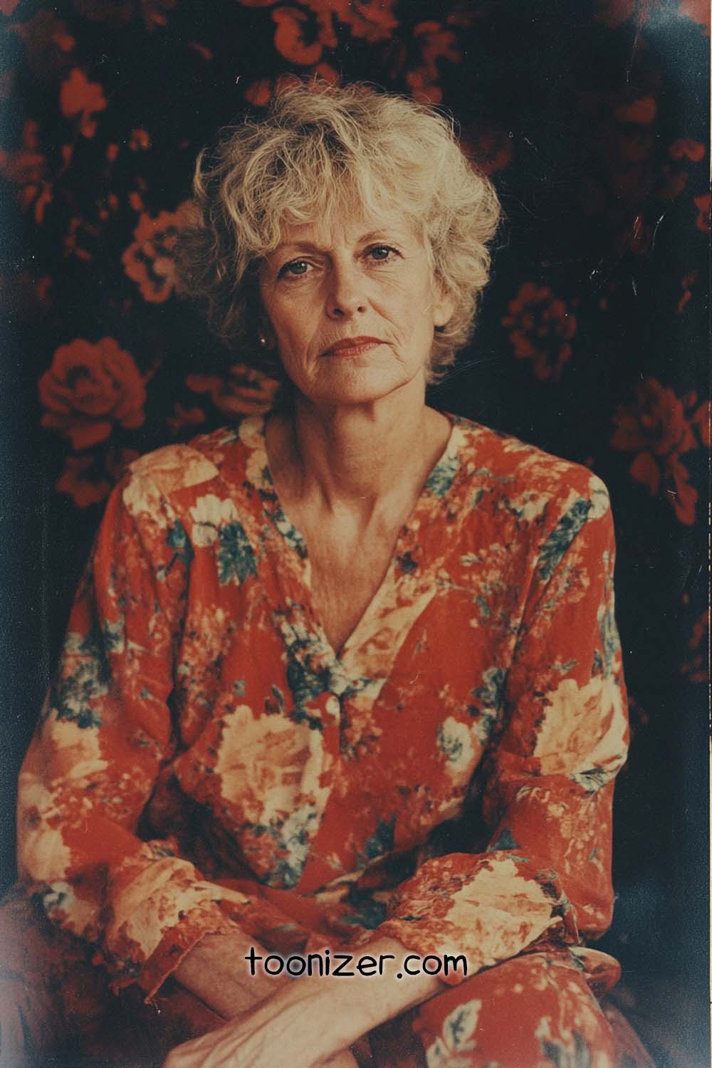Elderly woman in red floral dress portrait.