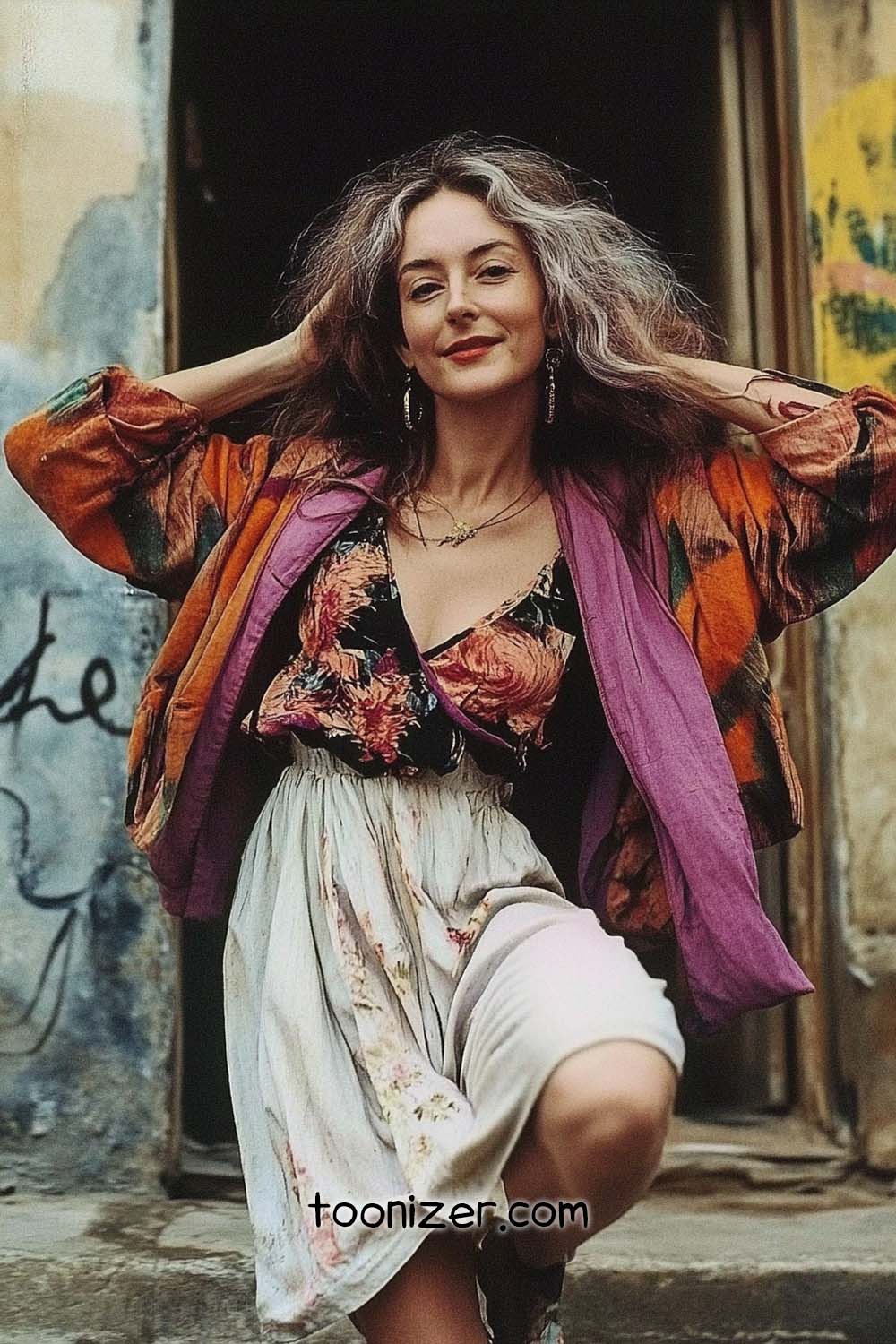 Woman in colorful outfit smiling confidently