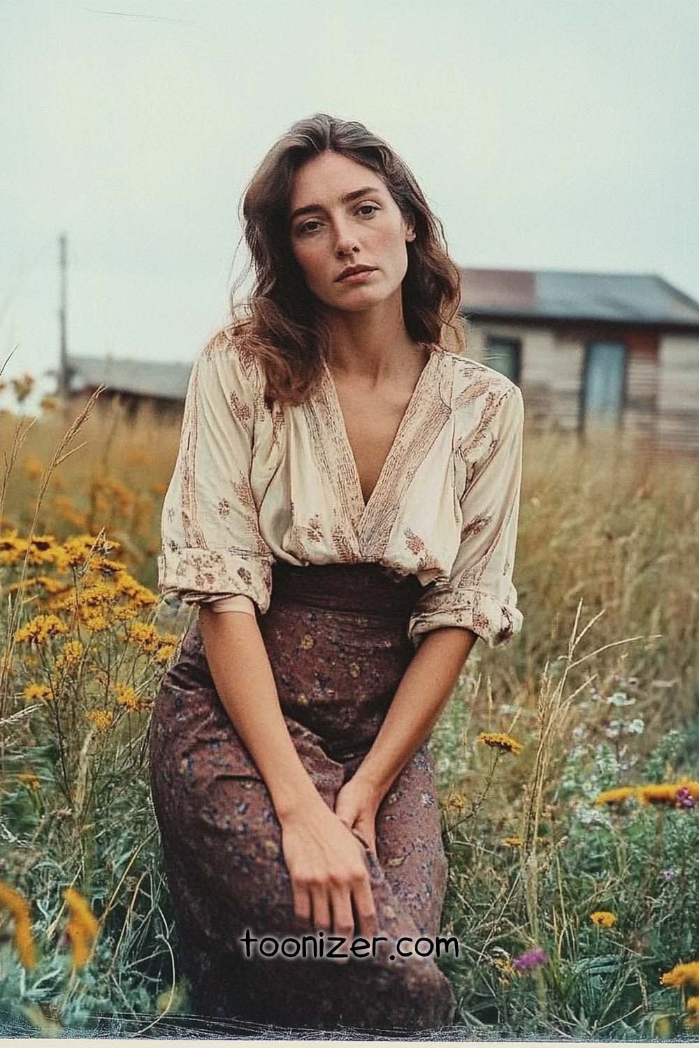 Woman sitting in field wearing floral dress