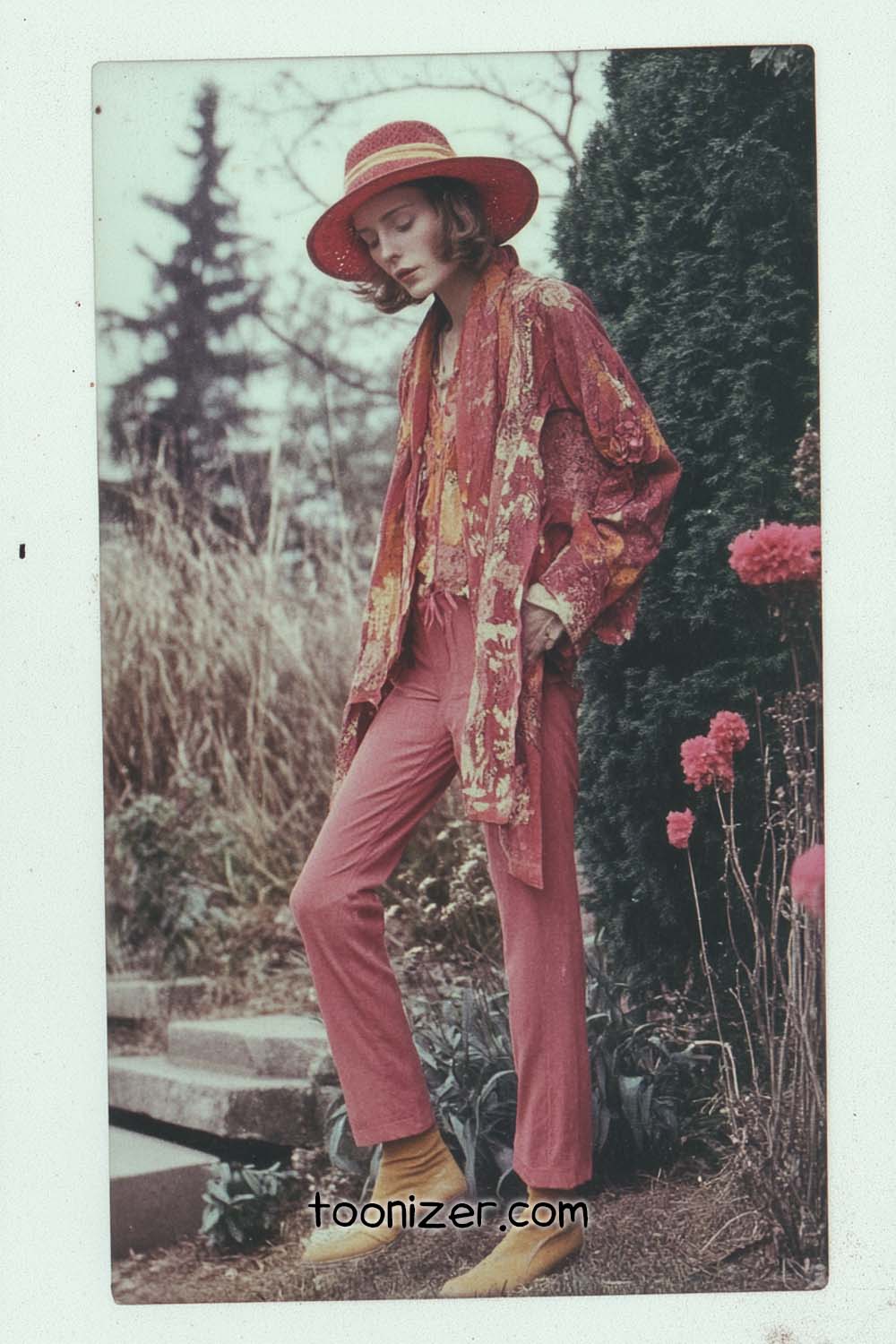 Person in vintage red outfit and hat outdoors.