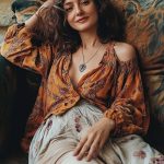Woman in floral attire sitting on couch.