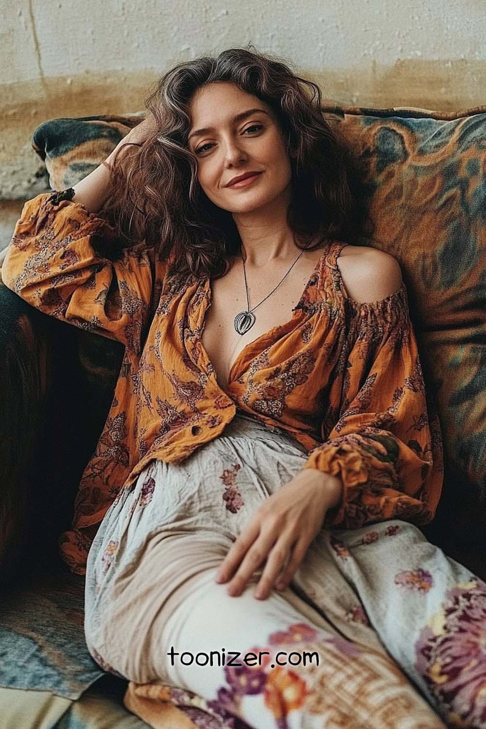 Woman in floral attire sitting on couch.