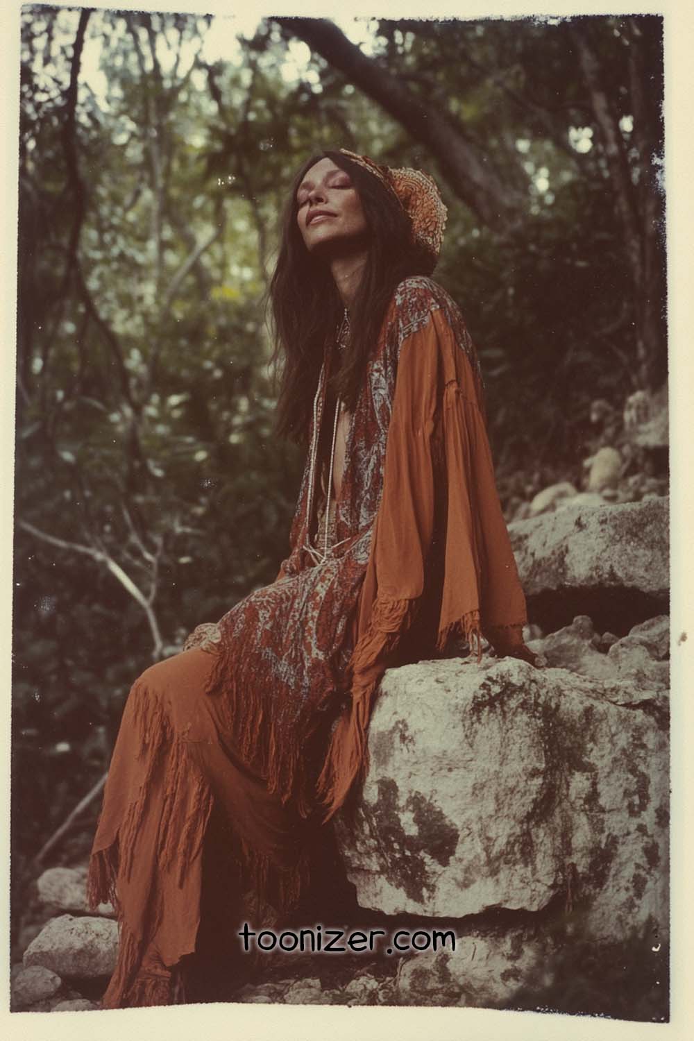 Woman in Bohemian attire, seated on rocks, outdoors
