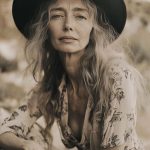 Woman in hat with floral blouse