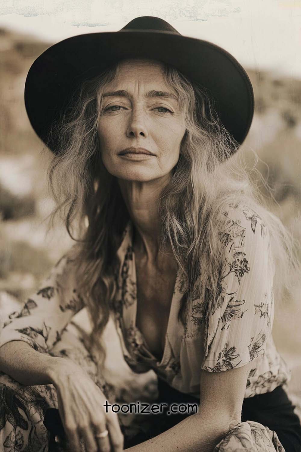 Woman in hat with floral blouse