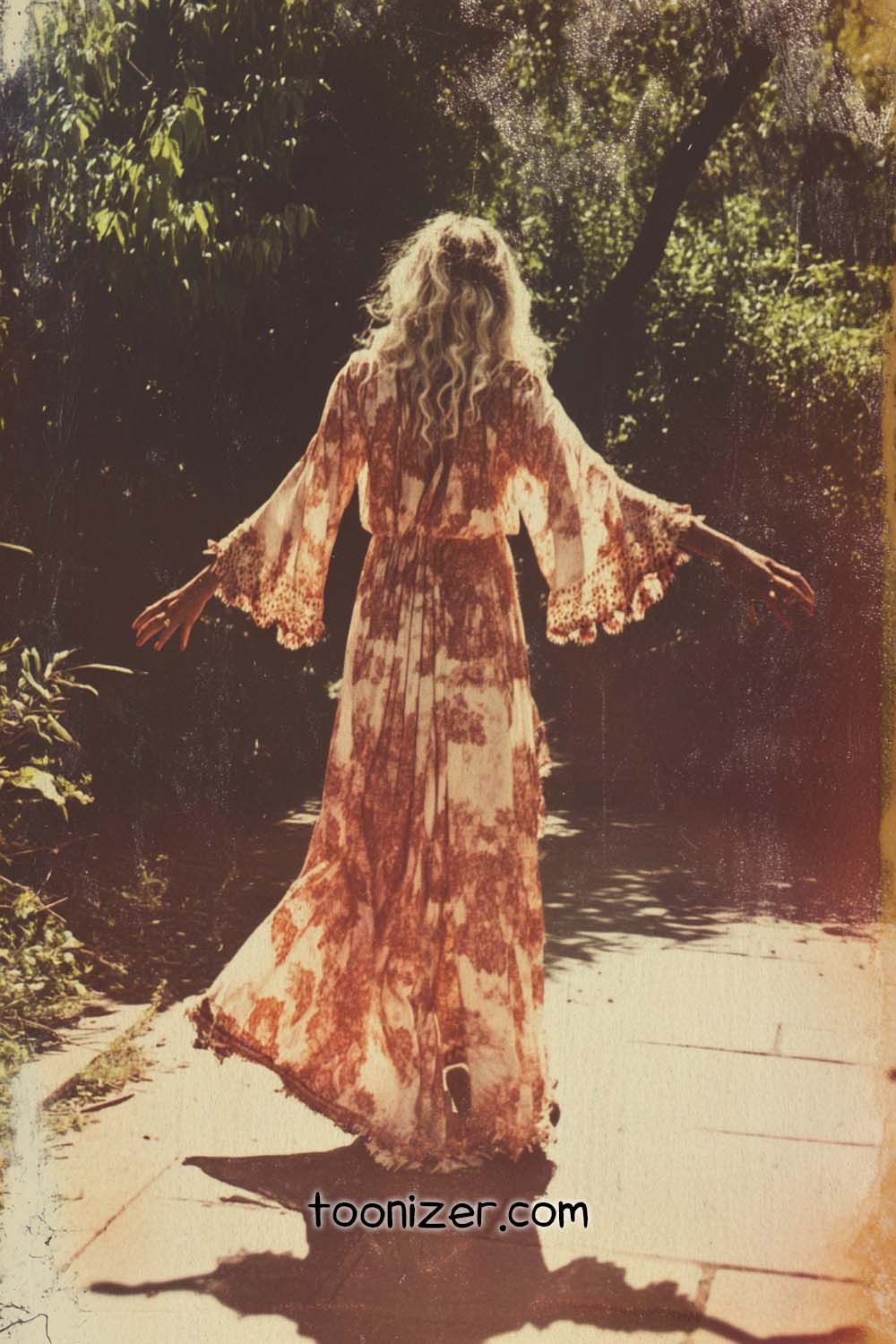 Woman in vintage dress walking in sunlight