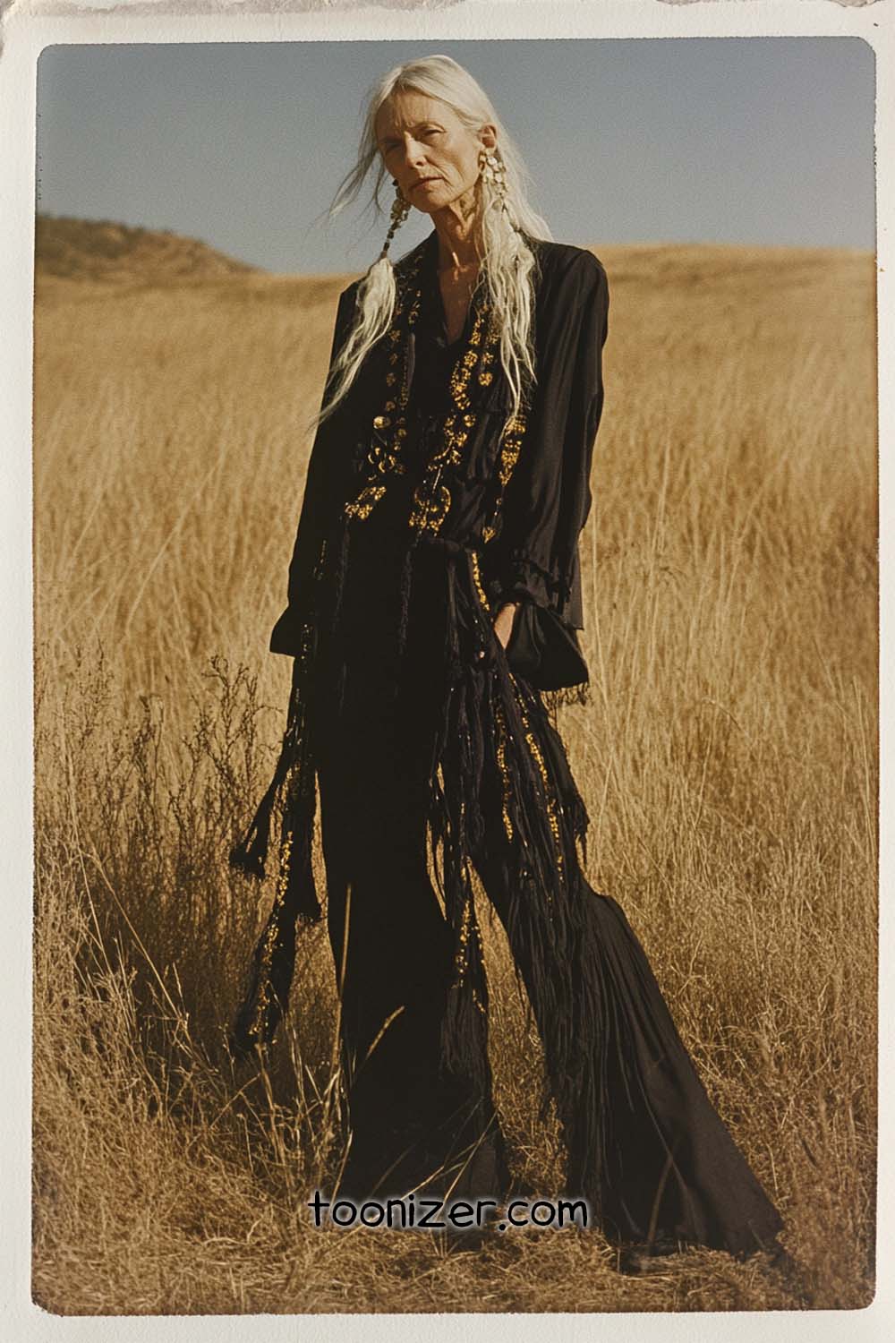 Person in black outfit in grassy field