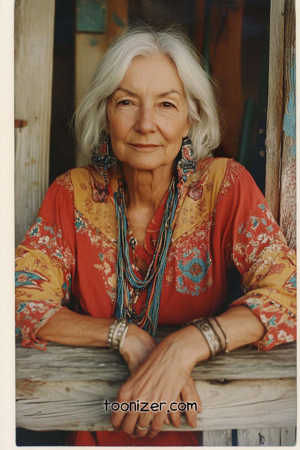 Elderly woman in colorful attire, leaning on railing.