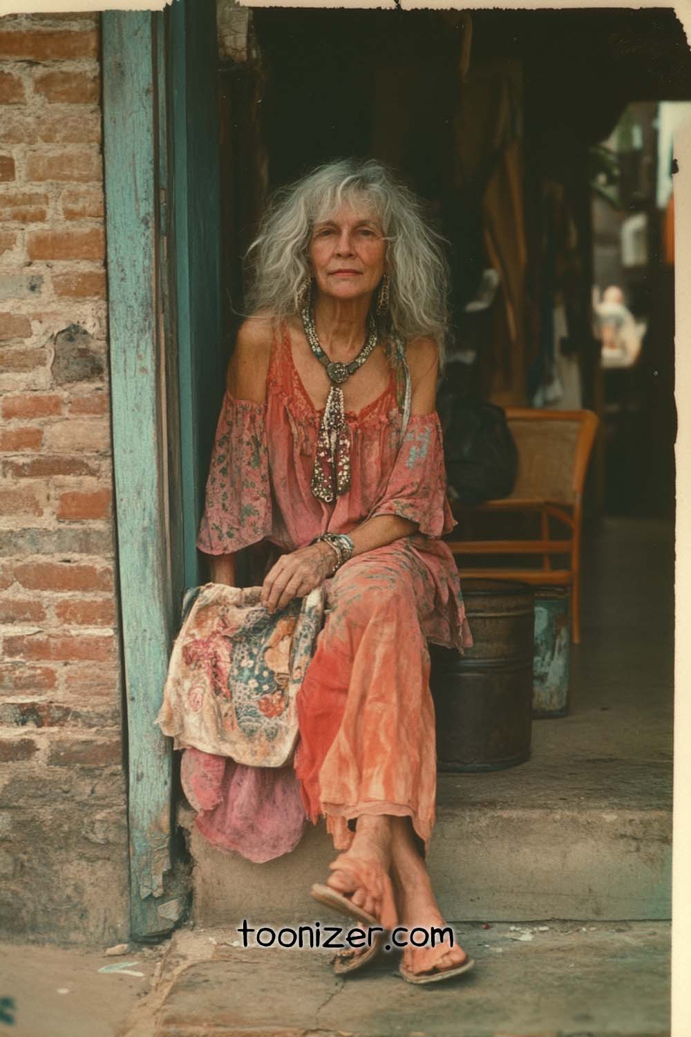 Elderly woman in colorful bohemian attire sitting outside.
