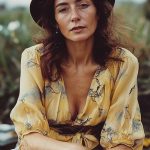 Woman in yellow blouse and hat outdoors