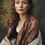 Woman in patterned shawl, neutral expression.