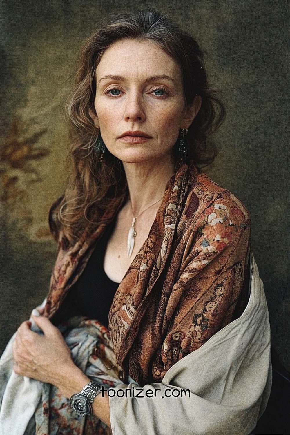 Woman in patterned shawl, neutral expression.