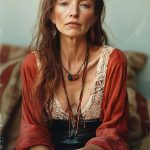 Woman in layered clothing, neutral expression.