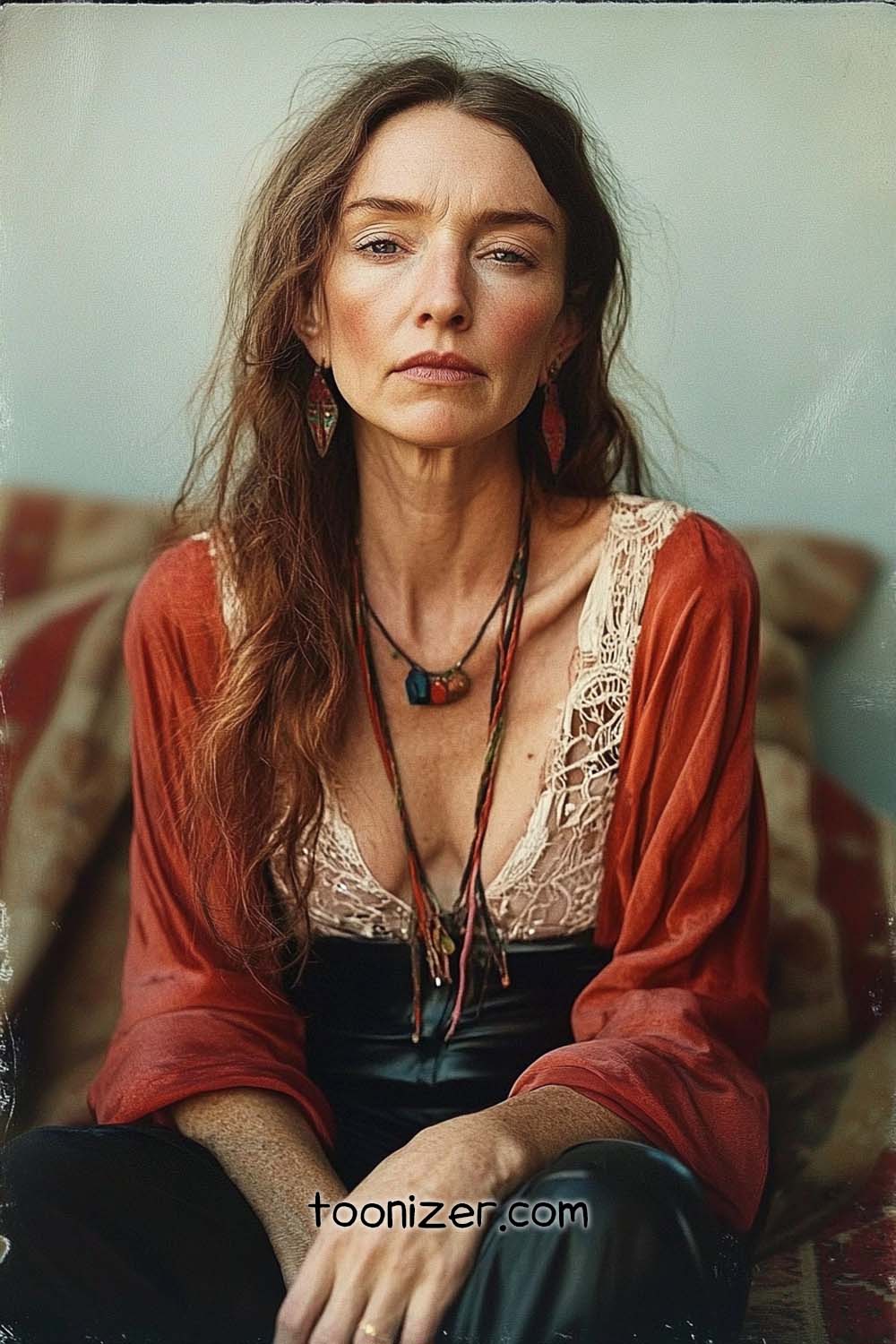 Woman in layered clothing, neutral expression.