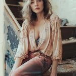 Woman sitting on stairs in floral top.