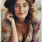 Woman wearing a brown hat and floral dress