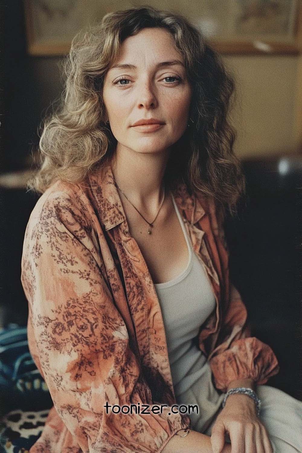 Woman with wavy hair in patterned shirt, serene expression.