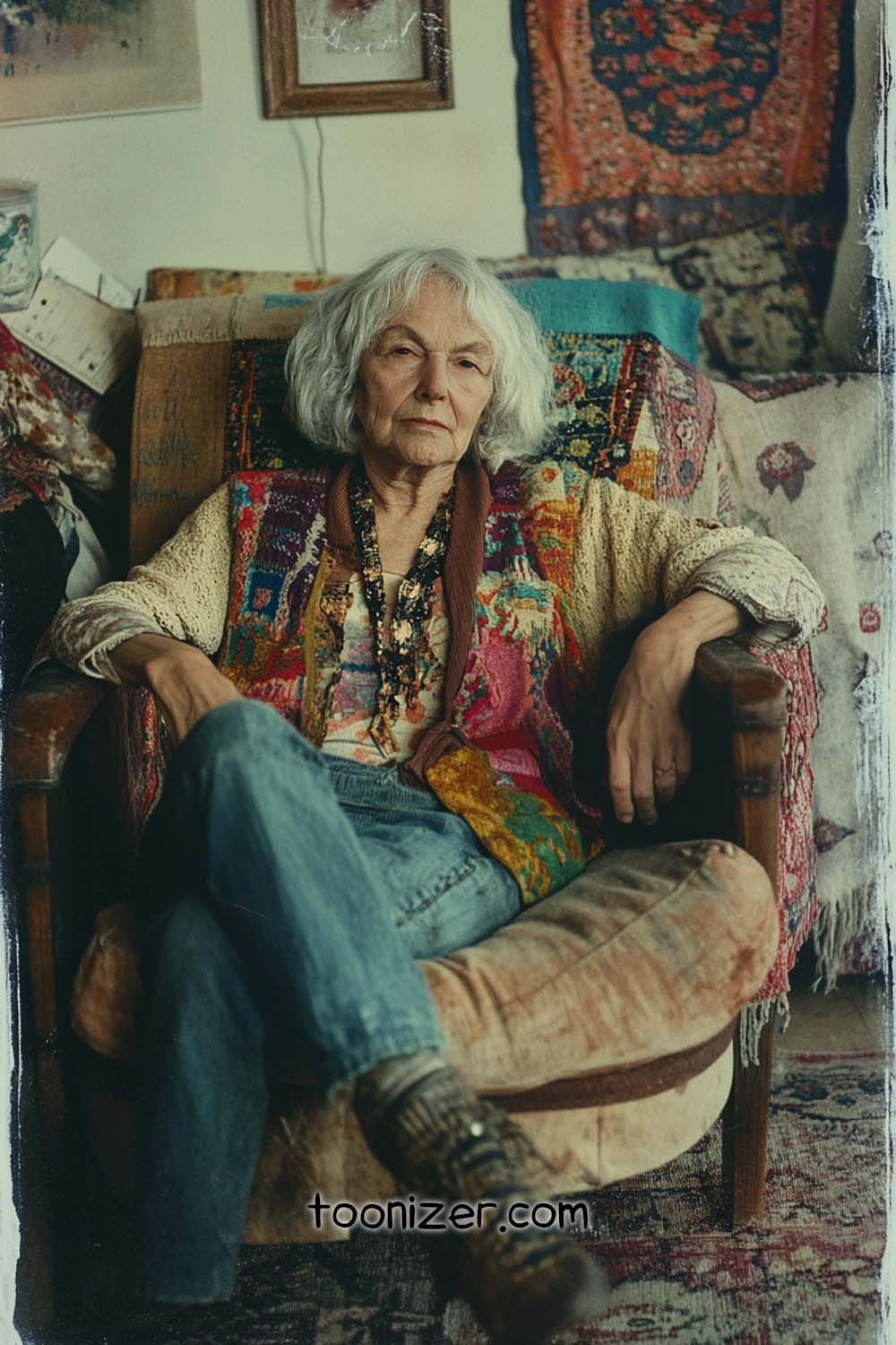 Elderly woman in colorful, vintage, woven attire.
