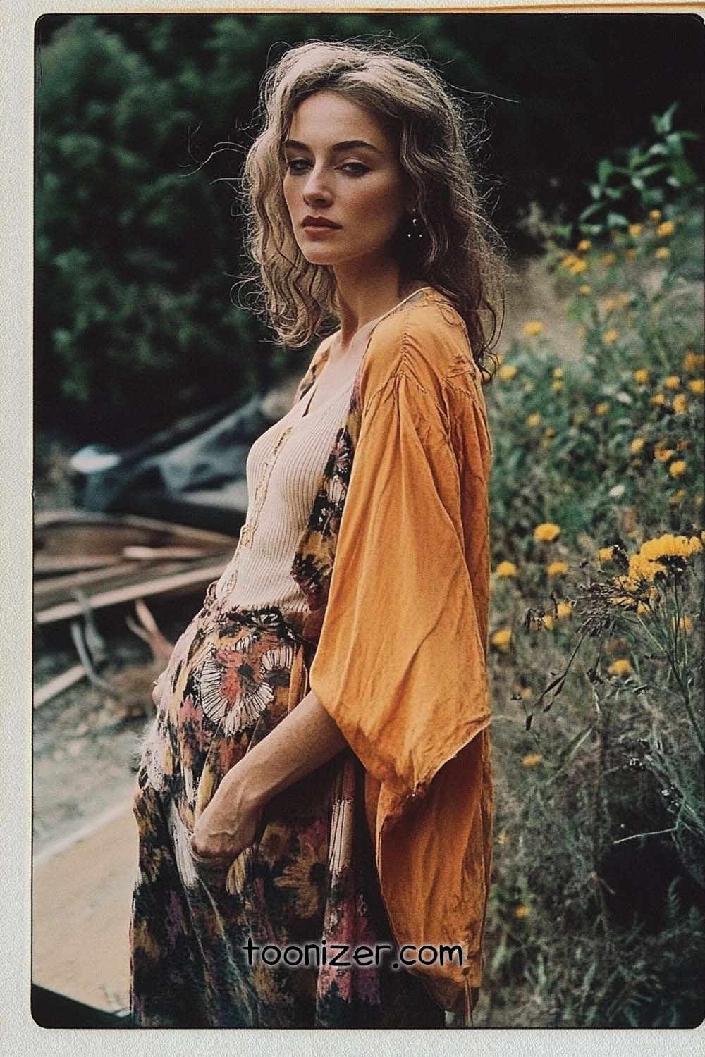 Woman in floral outfit, standing outdoors.