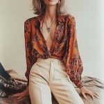 Stylish woman in floral blouse and beige pants.