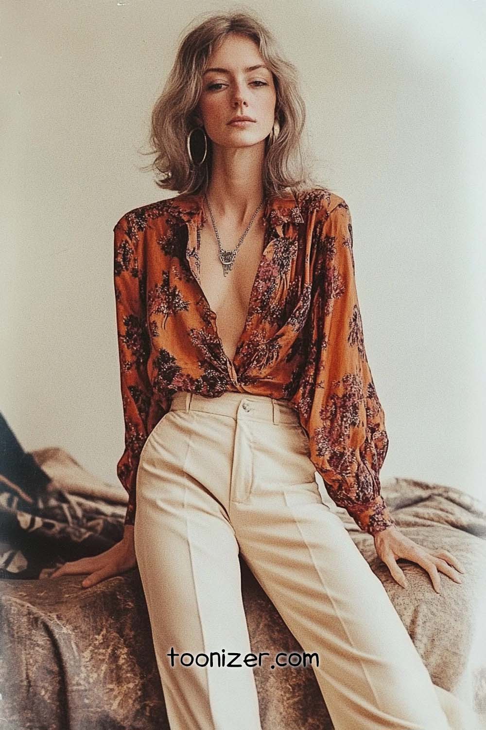 Stylish woman in floral blouse and beige pants.