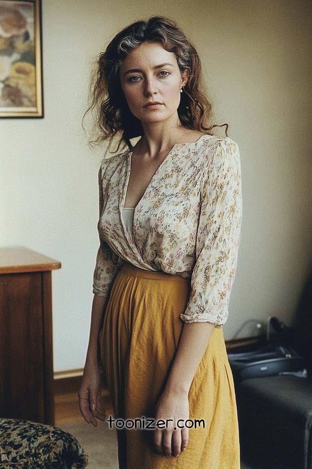 Woman in floral blouse and yellow skirt indoors.