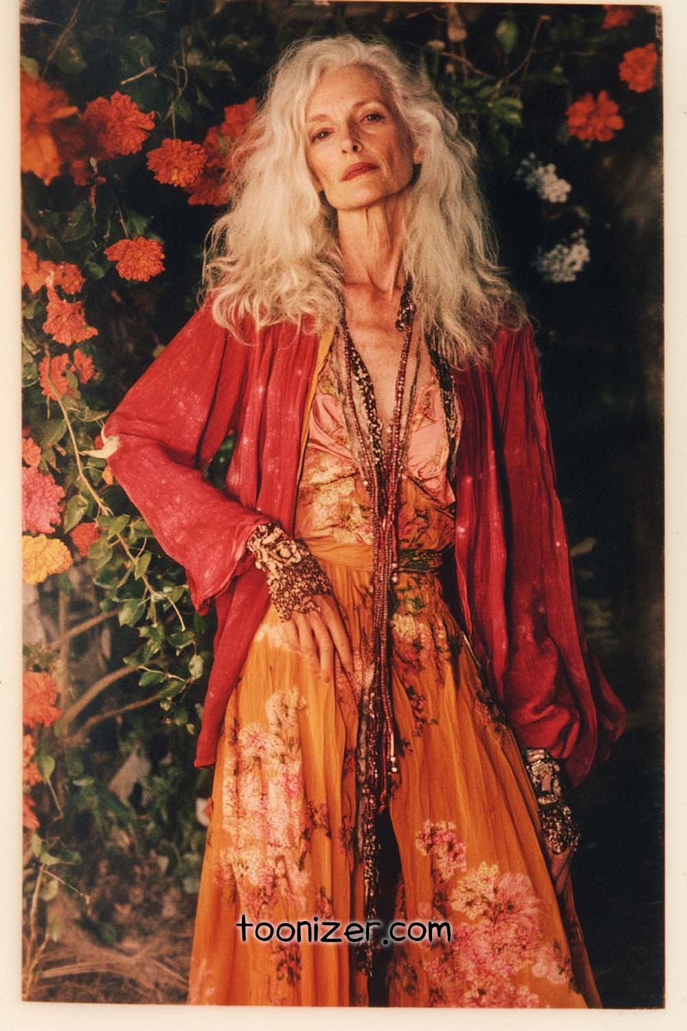 Elegant woman in floral dress with flowers backdrop.