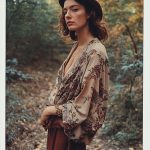 Woman in floral dress and beret in forest