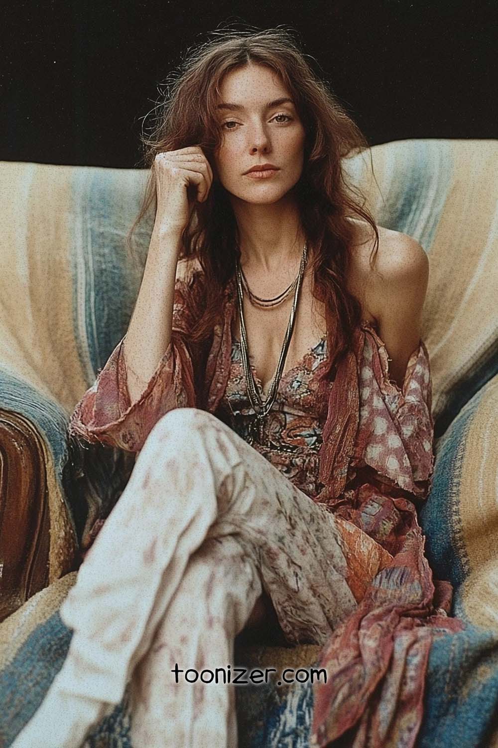 Woman in colorful bohemian outfit sitting thoughtfully.