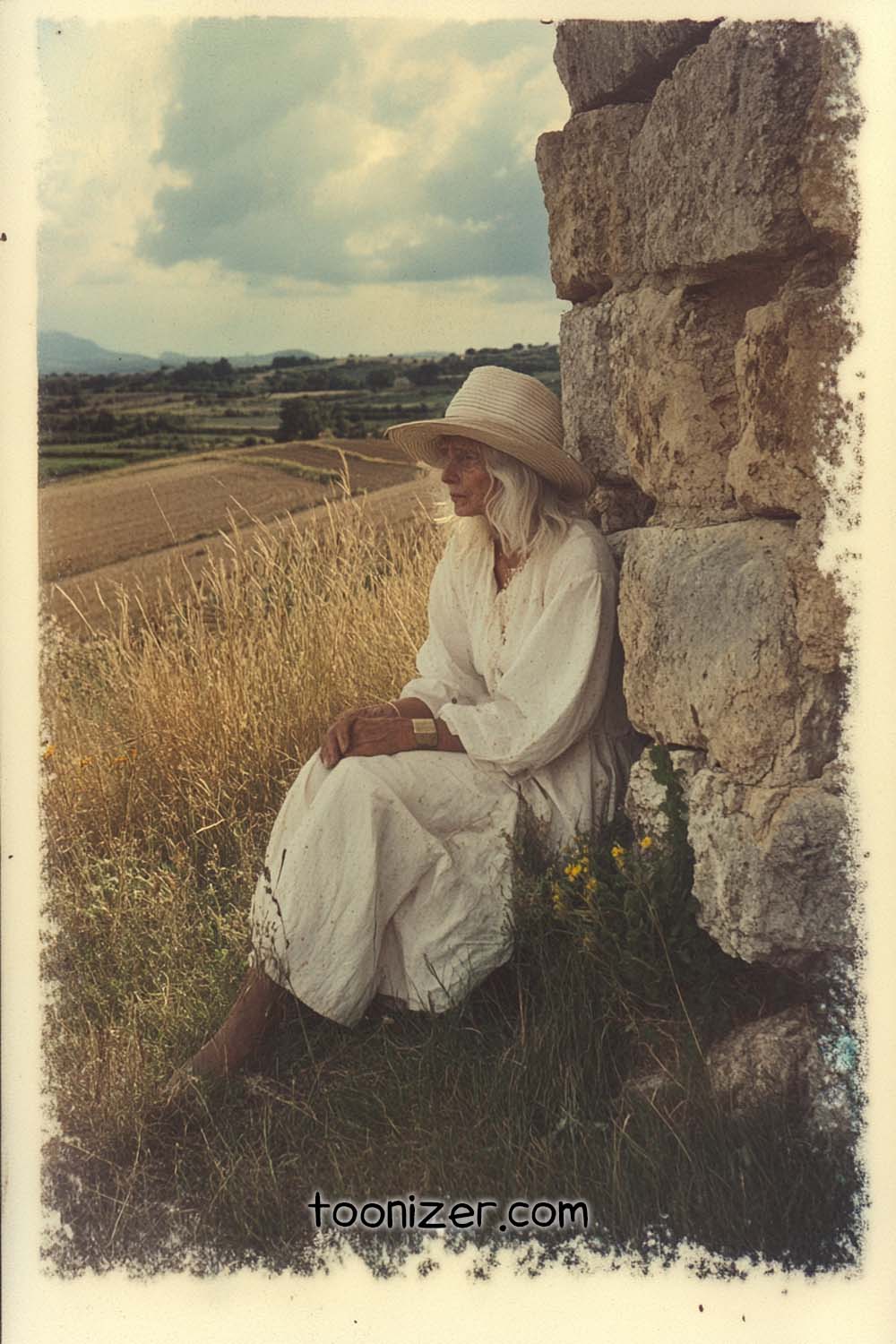 Woman in white sits by stone wall in field.