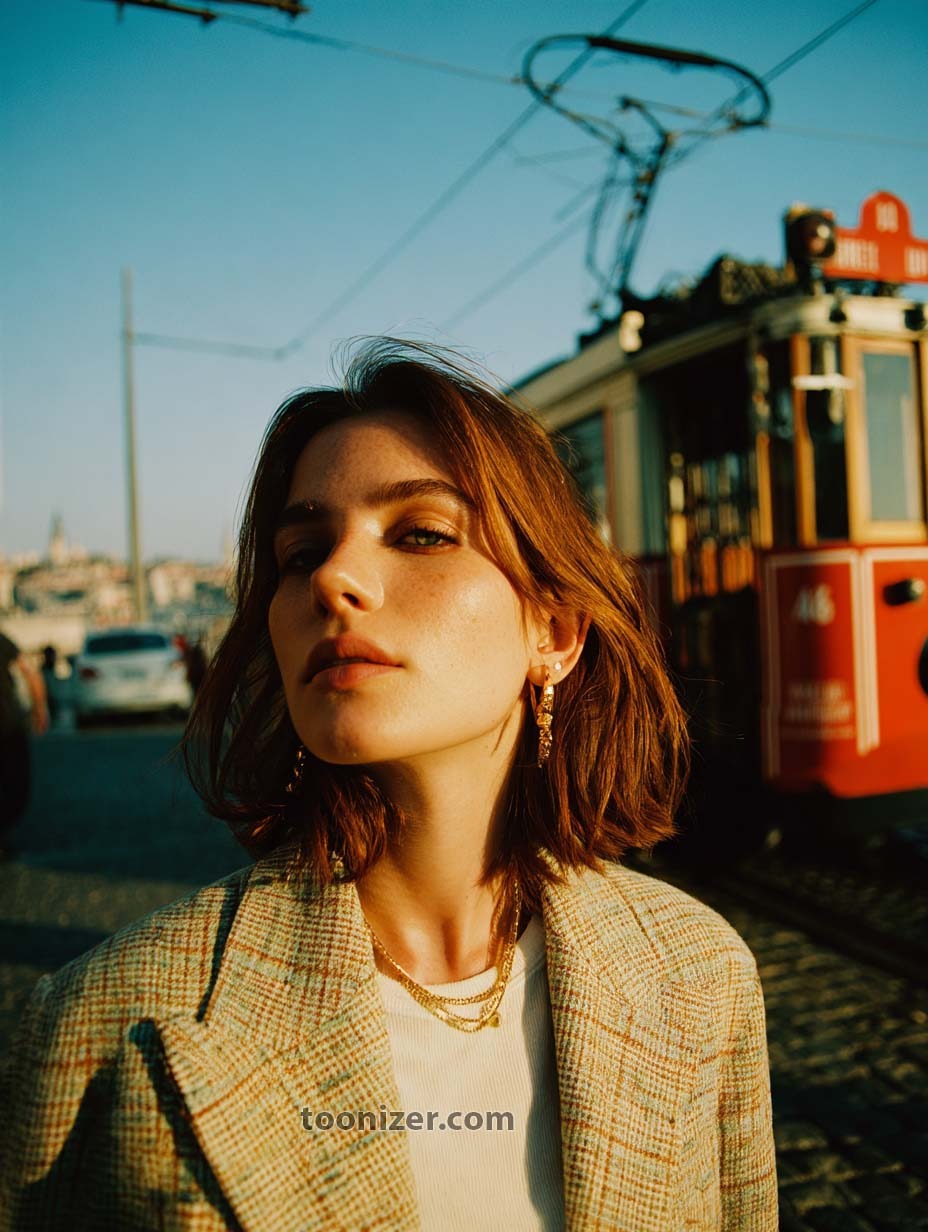 Woman posing near vintage tram in city.