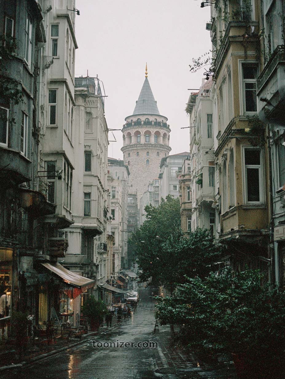 Galata Tower framed by rainy street view