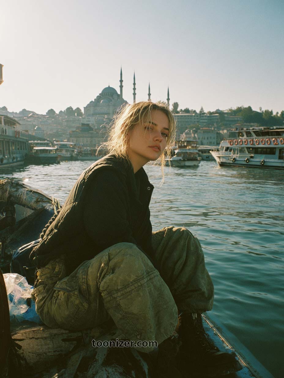 Woman sitting on boat in Istanbul harbor