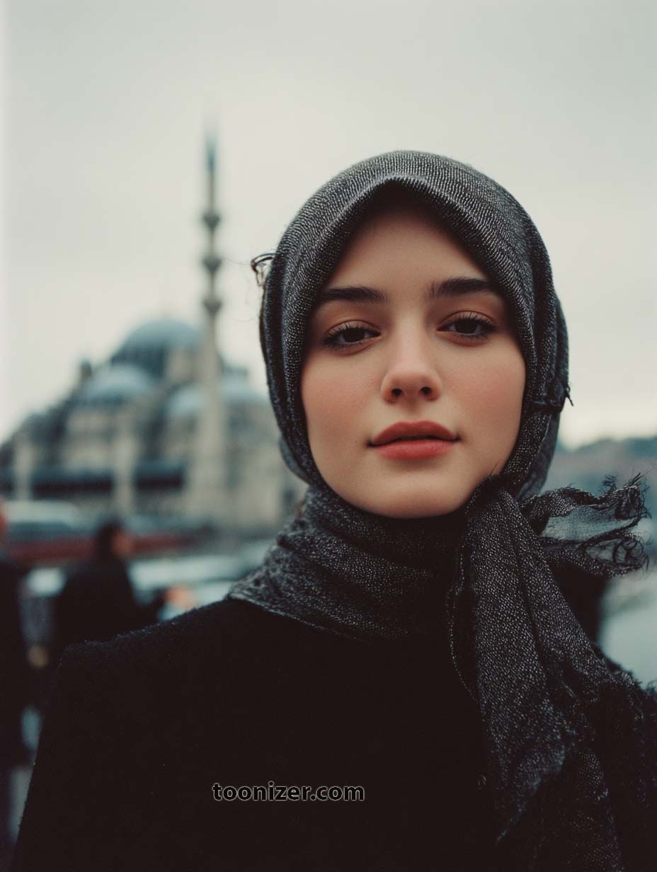 Woman with headscarf, blurred city background.