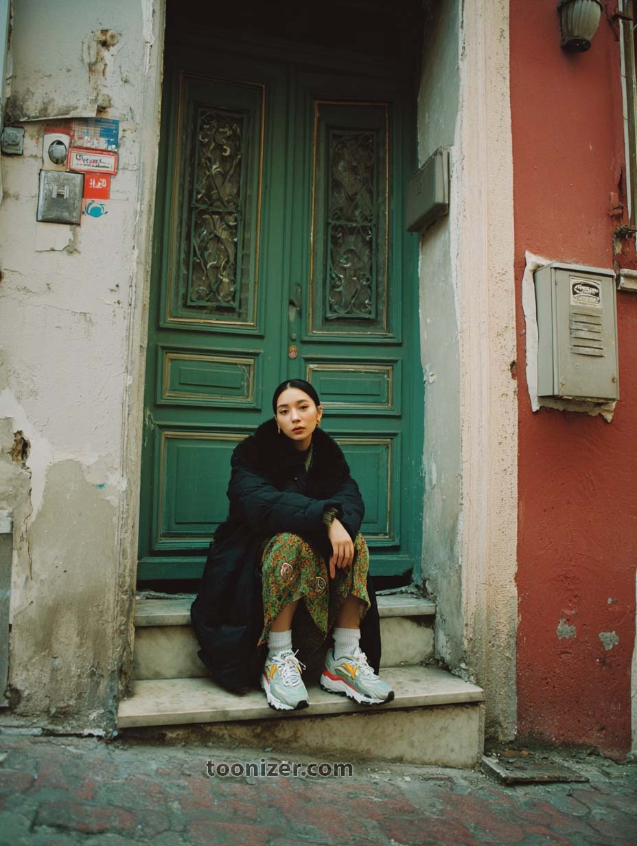 Person sitting on steps with green door behind.