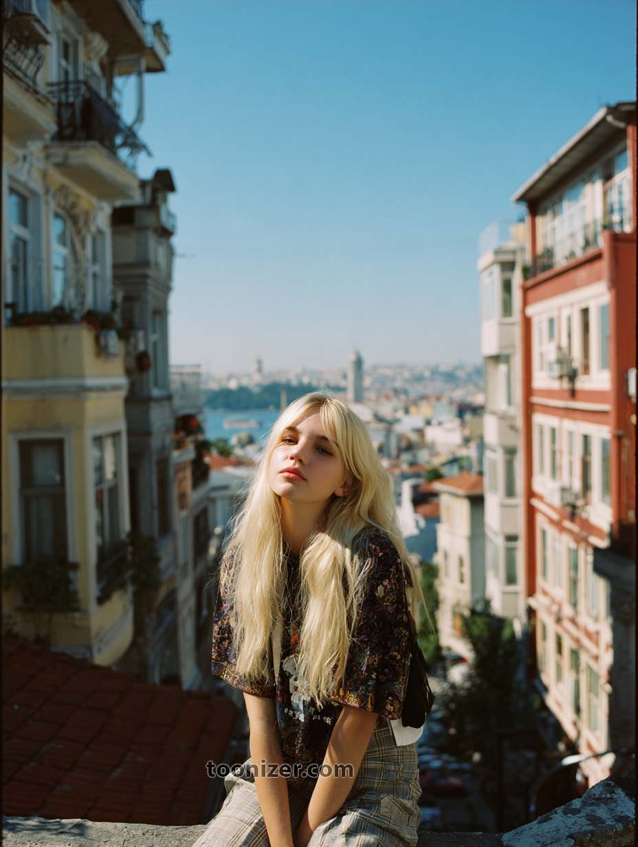 Woman sitting on urban balcony with city view