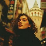 Woman in city with historical tower background