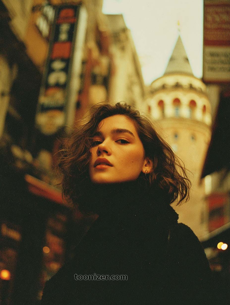 Woman in city with historical tower background