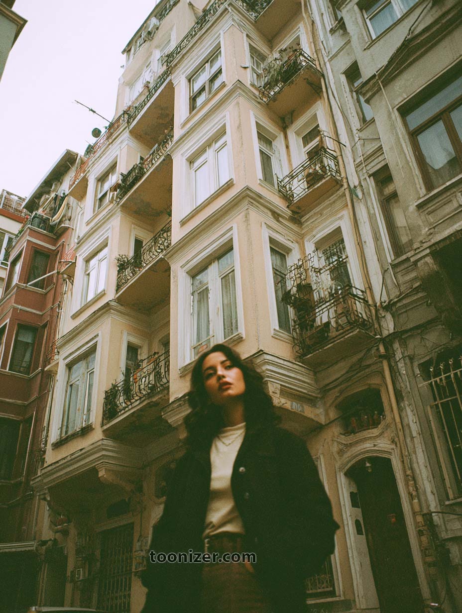 Woman standing in front of old building.
