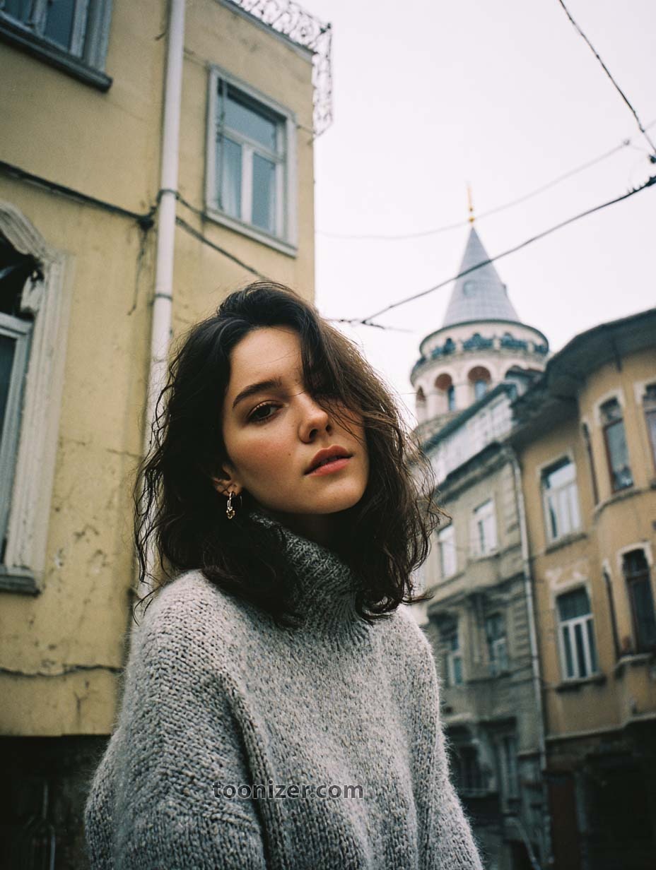 Woman in sweater with old buildings background